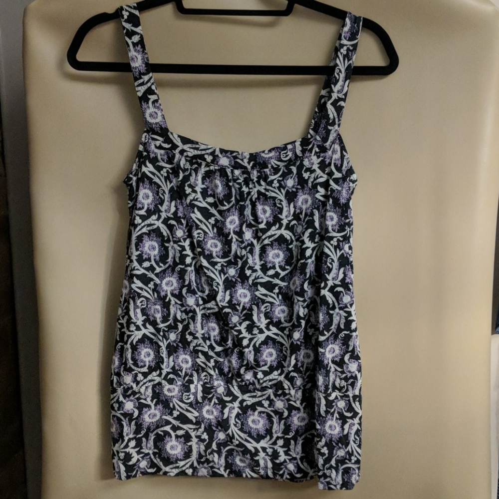 Diane Von Furstenberg white, navy, and purple top.